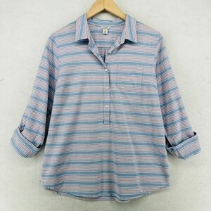 LL BEAN Blouse Top Womens XL Popover Roll Tab Long Sleeve Striped Blue